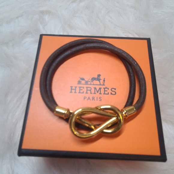 Hermes Jewelry - HERMES ATAME 💯 AUTHENTIC DBLE WRAP GOLD TONE DARK BRN/LEATHER BRACELET NECKLACE